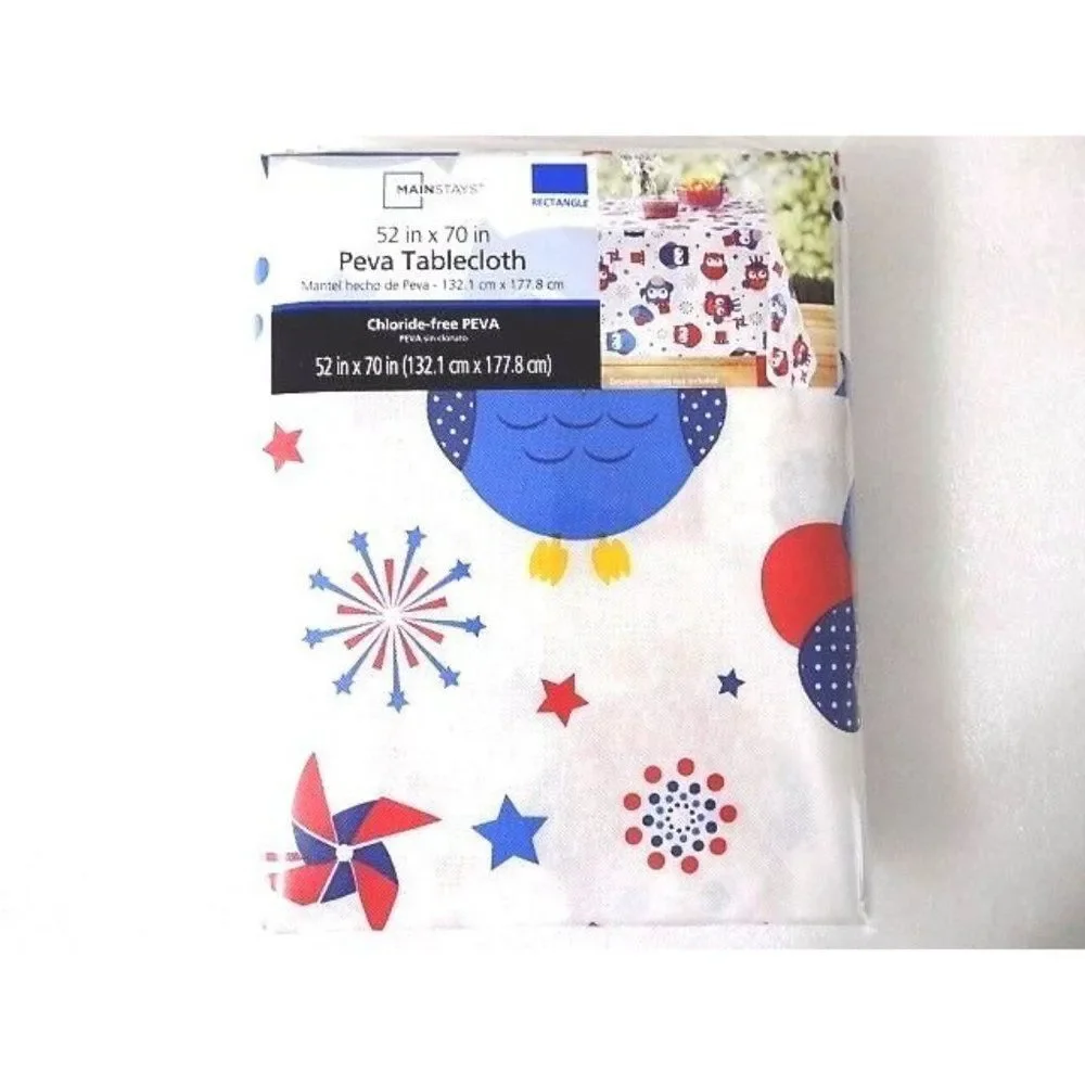Patriotic Owl Tablecloth 52 x 70 Wipe Clean PEVA Red White Blue Bird Decor NIP